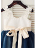 Ivory Satin Navy Blue Tulle Ruffle Straps Flower Girl Dress 